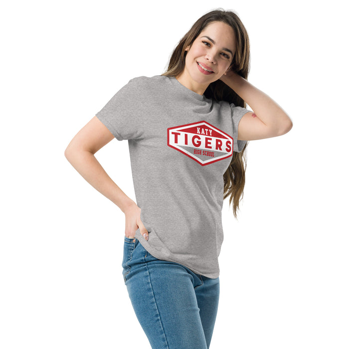 Woman wearing Katy High School Tigers Sport Grey Classic Unisex  T-shirt 009