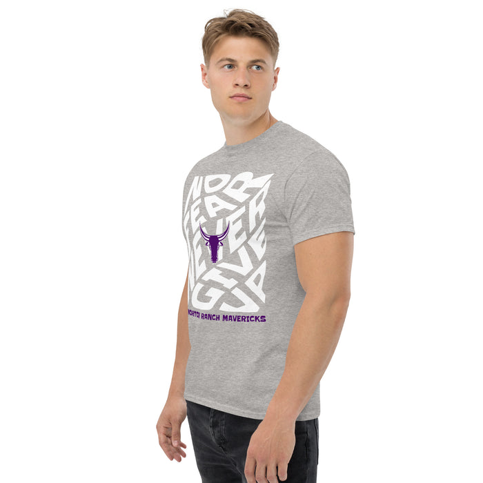 Man wearing Morton Ranch High School Mavericks Grey Classic Unisex T-shirt 236