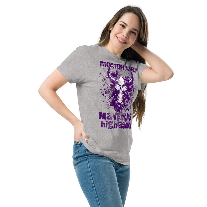 Woman wearing Morton Ranch High School Mavericks Grey Classic Unisex T-shirt 205