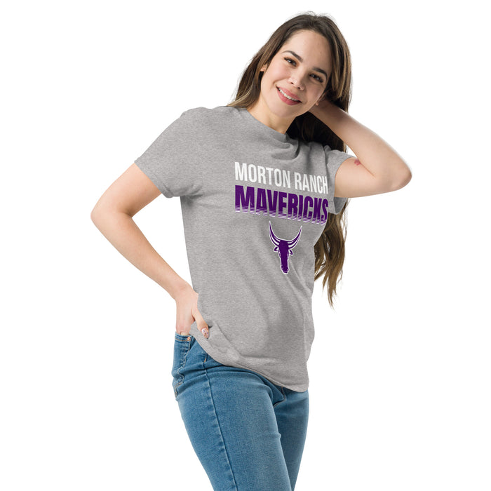 Woman wearing Morton Ranch High School Mavericks Grey Classic Unisex T-shirt 024