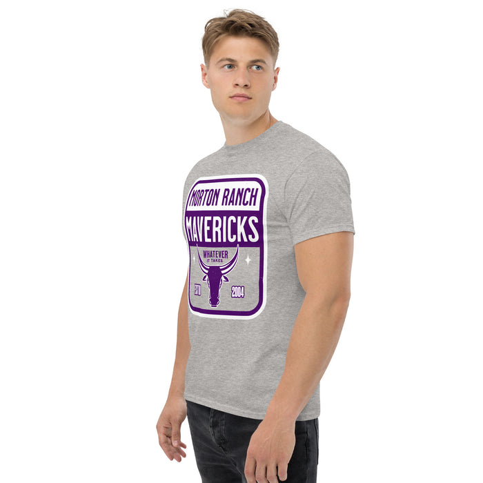 Man wearing Morton Ranch High School Mavericks Grey Classic Unisex T-shirt 001
