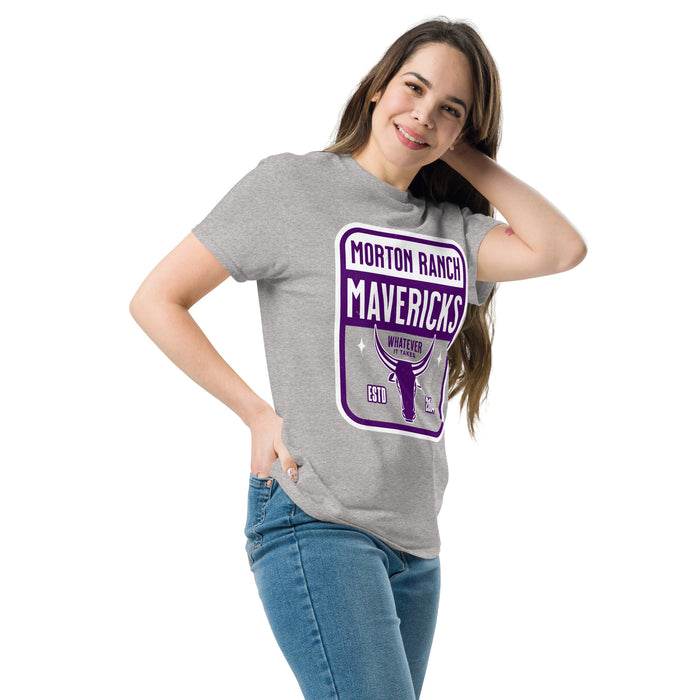 Woman wearing Morton Ranch High School Mavericks Grey Classic Unisex T-shirt 001