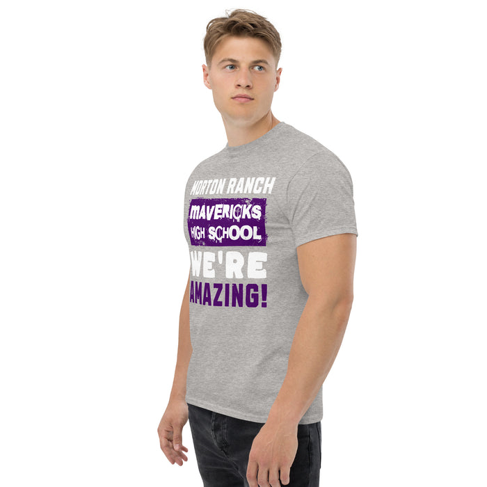 Man wearing Morton Ranch High School Mavericks Grey Classic Unisex T-shirt 231