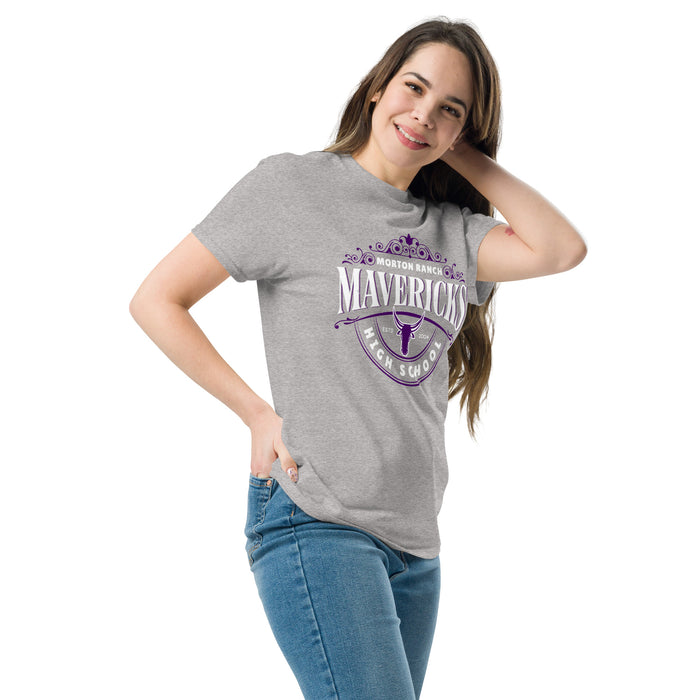 Woman wearing Morton Ranch High School Mavericks Grey Classic Unisex T-shirt 211