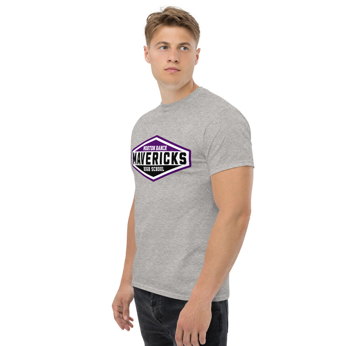 Man wearing Morton Ranch High School Mavericks Grey Classic Unisex T-shirt 009
