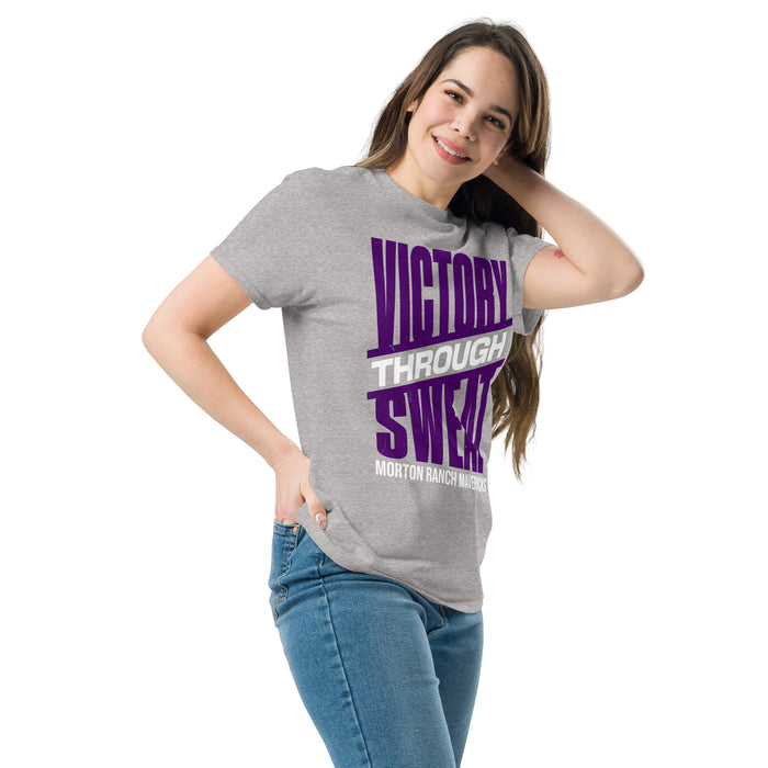 Woman wearing Morton Ranch High School Mavericks Grey Classic Unisex T-shirt 241
