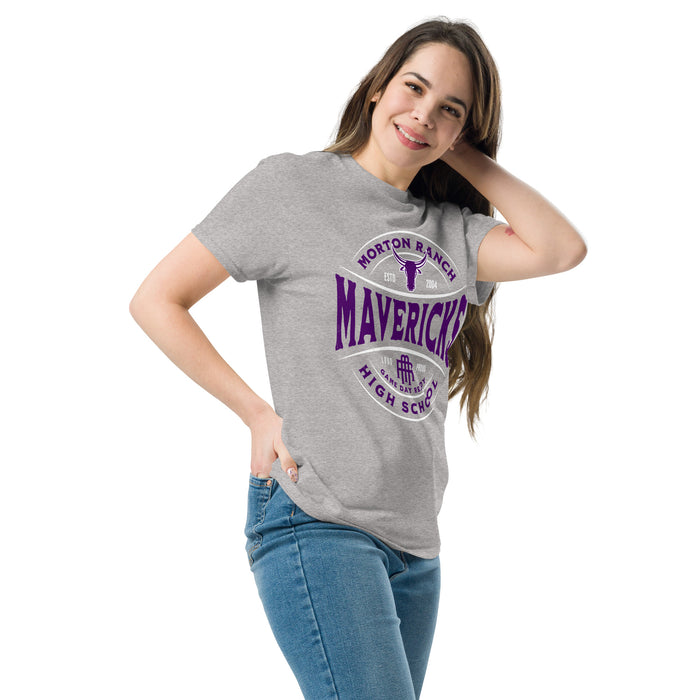Woman wearing Morton Ranch High School Mavericks Grey Classic Unisex T-shirt 218