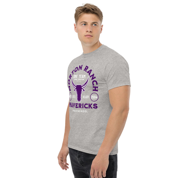 Man wearing Morton Ranch High School Mavericks Grey Classic Unisex T-shirt 208