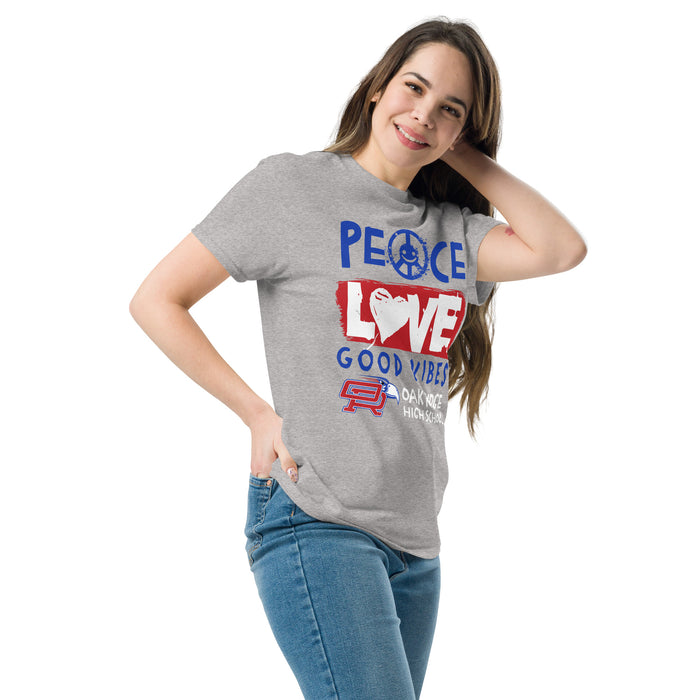 Woman wearing Oak Ridge High School War Eagles Grey Classic Unisex T-shirt 240