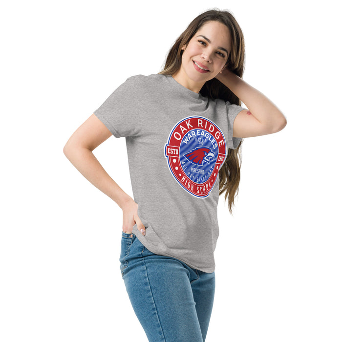 Woman wearing Oak Ridge High School War Eagles Grey Classic Unisex T-shirt 224