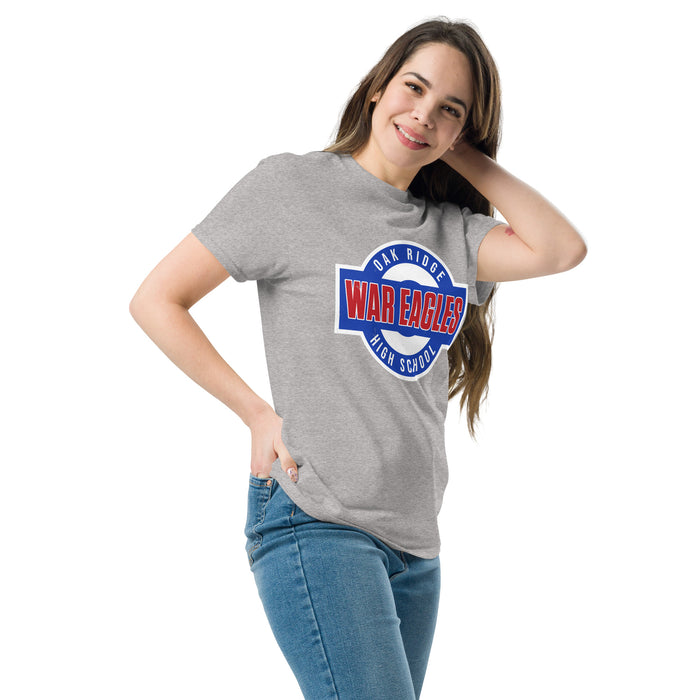 Woman wearing Oak Ridge High School War Eagles Grey Classic Unisex T-shirt 011