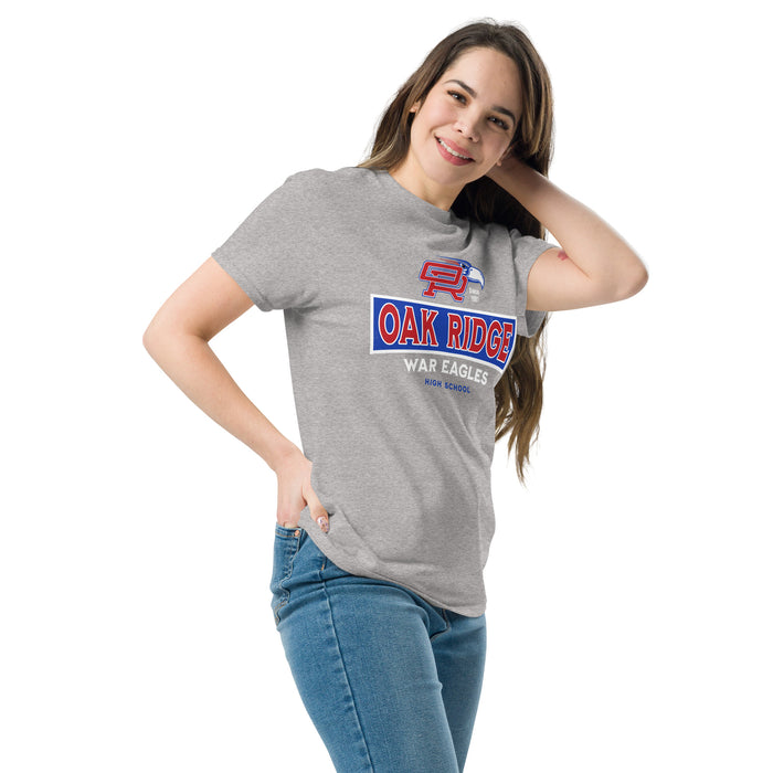 Woman wearing Oak Ridge High School War Eagles Grey Classic Unisex T-shirt 202