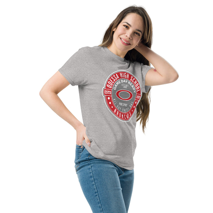 Woman wearing Odessa High School Bronchos Grey Classic Unisex T-shirt 224