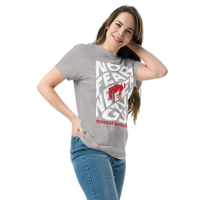 Woman wearing Odessa High School Bronchos Grey Classic Unisex T-shirt 236
