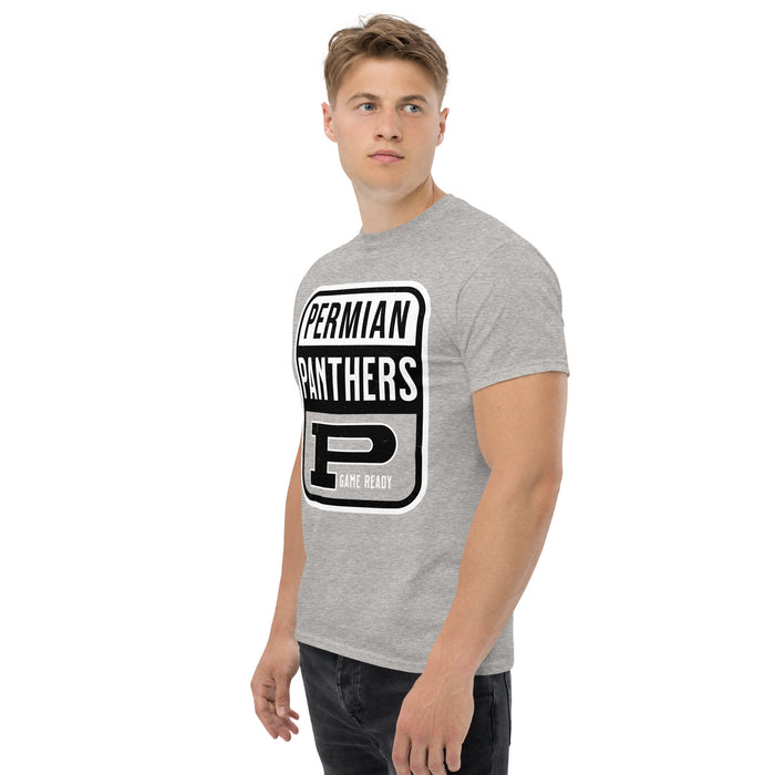 Man wearing Permian High School Panthers Grey Classic Unisex T-shirt 001