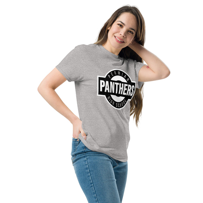 Woman wearing Permian High School Panthers Grey Classic Unisex T-shirt 011