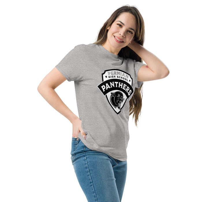 Woman wearing Permian High School Panthers Grey Classic Unisex T-shirt 221