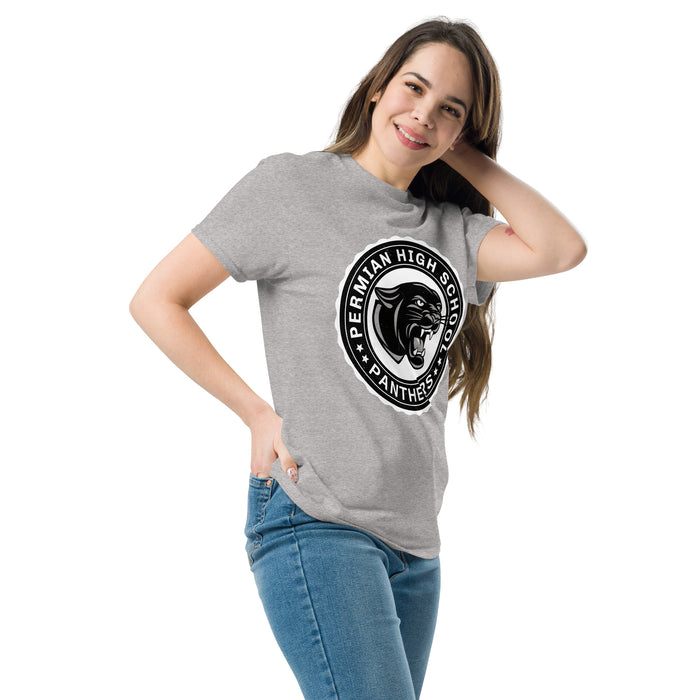 Woman wearing Permian High School Panthers Grey Classic Unisex T-shirt 216