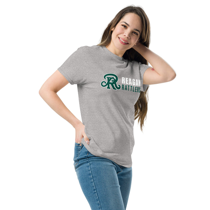 Woman wearing Reagan High School Rattlers Grey Classic Unisex T-shirt 200