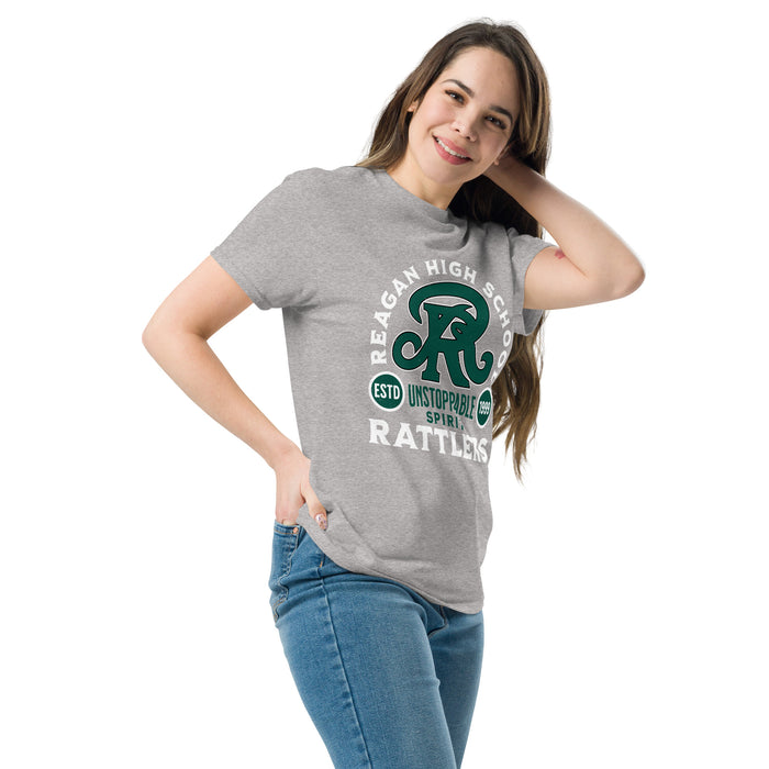 Woman wearing Reagan High School Rattlers Grey Classic Unisex T-shirt 208