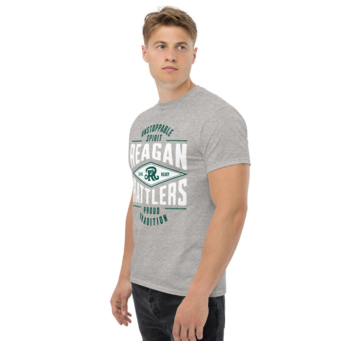 Man wearing Reagan High School Rattlers Grey Classic Unisex T-shirt 210