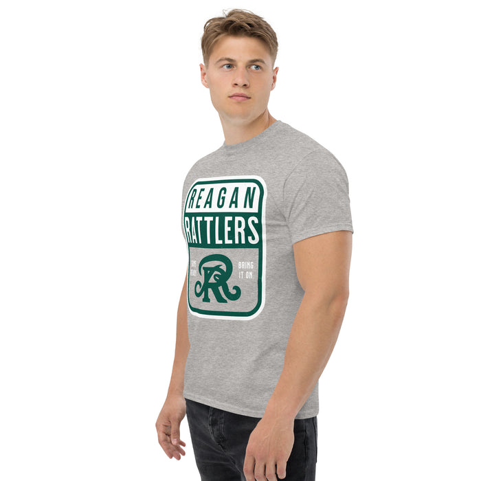 Man wearing Reagan High School Rattlers Grey Classic Unisex T-shirt 001