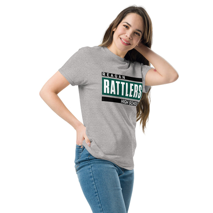 Woman wearing Reagan High School Rattlers Grey Classic Unisex T-shirt 009