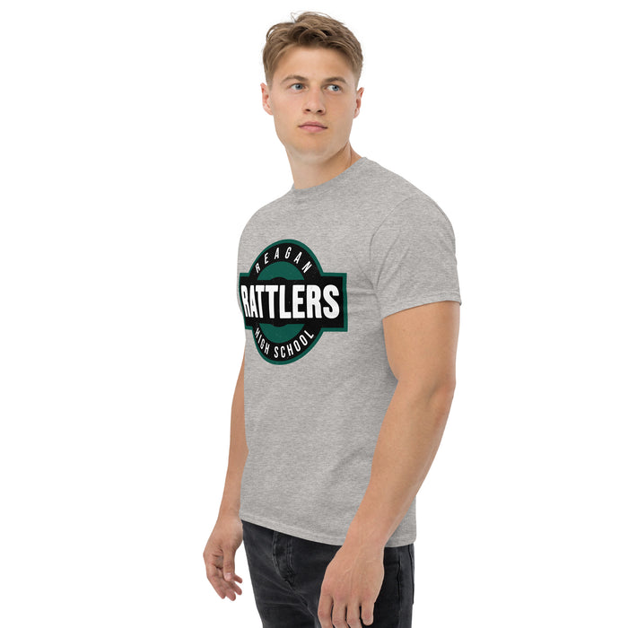 Man wearing Reagan High School Rattlers Grey Classic Unisex T-shirt 011