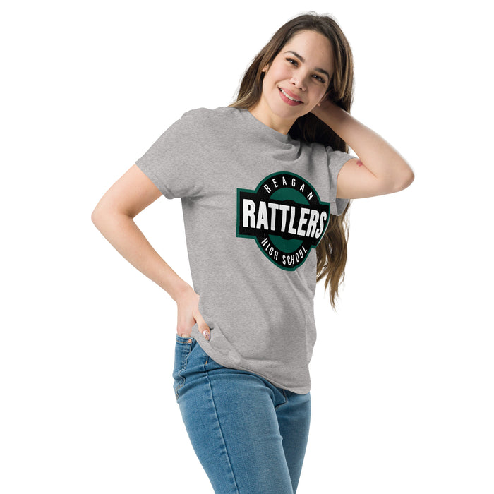 Woman wearing Reagan High School Rattlers Grey Classic Unisex T-shirt 011