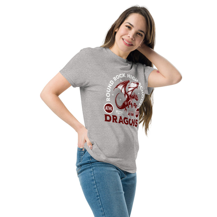 Woman wearing Round Rock High School Dragons Grey Classic Unisex T-shirt 208