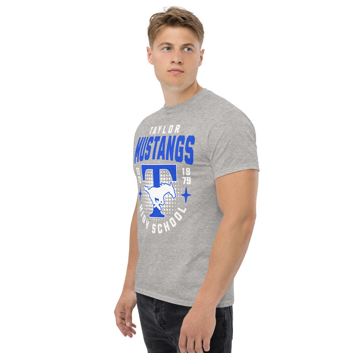 Man wearing Taylor High School Mustangs Grey Classic Unisex T-shirt 204