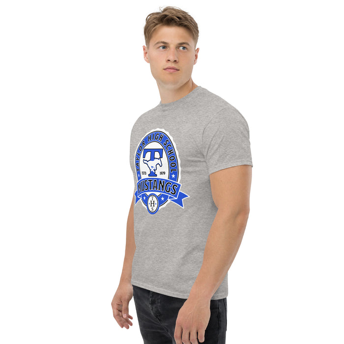Man wearing Taylor High School Mustangs Grey Classic Unisex T-shirt 212