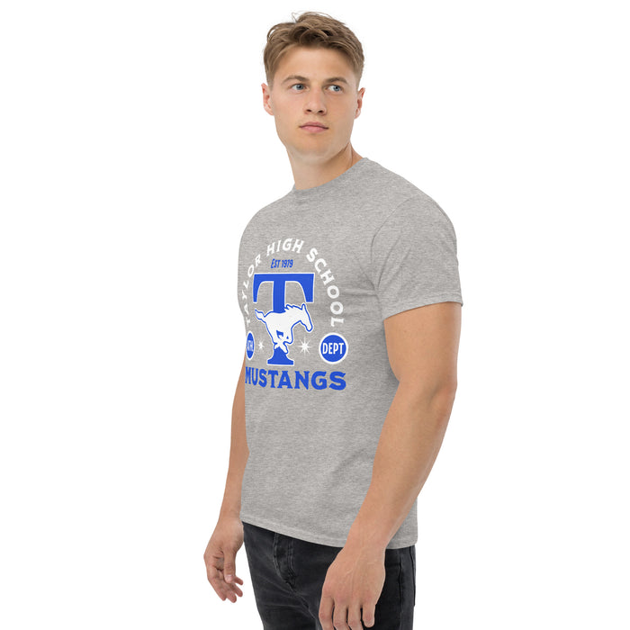 Man wearing Taylor High School Mustangs Grey Classic Unisex T-shirt 208