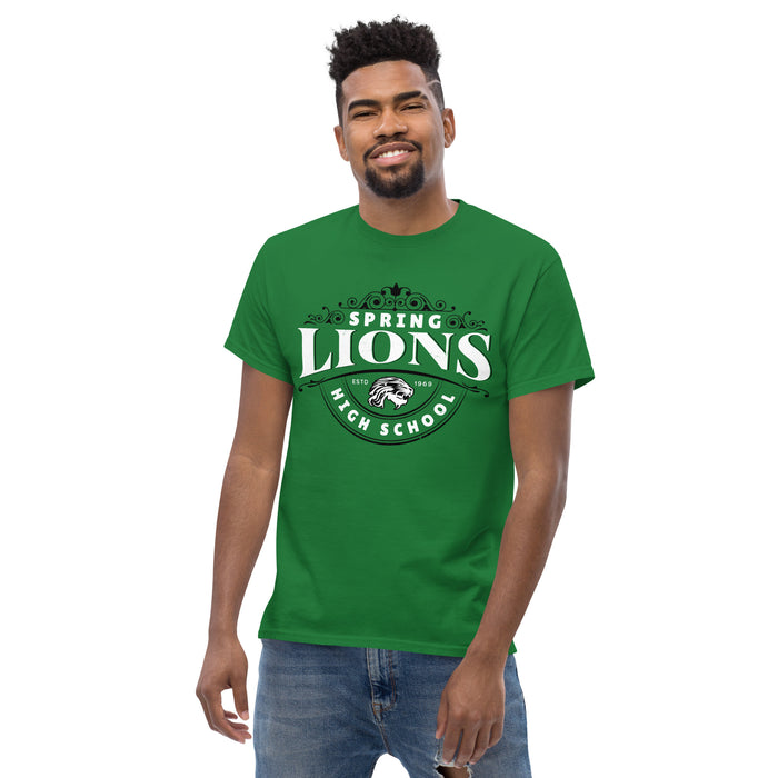 Man wearing Spring High School Lions Turf Green Classic Unisex T-shirt 211