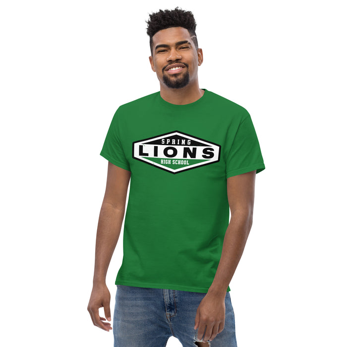 Man wearing Spring High School Lions Turf Green Classic Unisex T-shirt 009