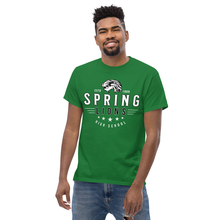 Man wearing Spring High School Lions Turf Green Classic Unisex T-shirt 217