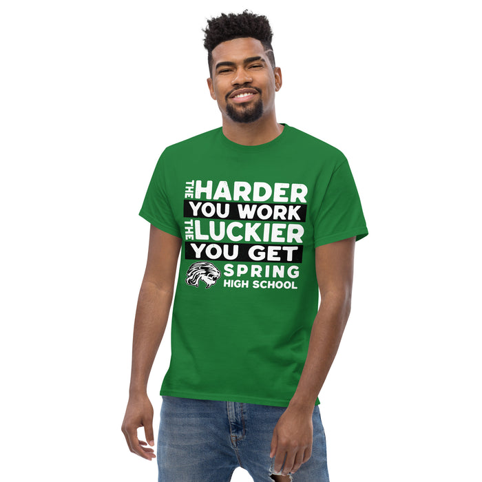 Man wearing Spring High School Lions Turf Green Classic Unisex T-shirt 238