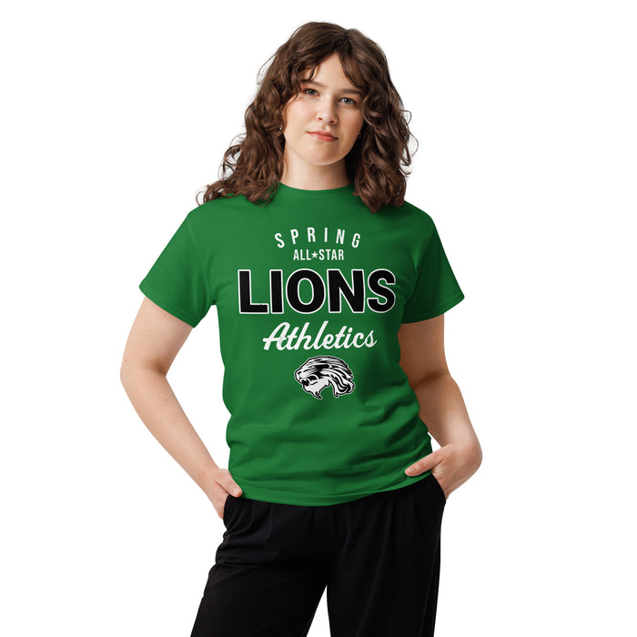 Woman wearing Spring High School Lions Green Classic Unisex T-shirt 034