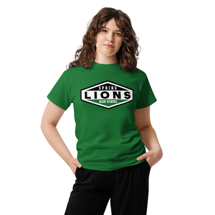 Woman wearing Spring High School Lions Turf Green Classic Unisex T-shirt 009