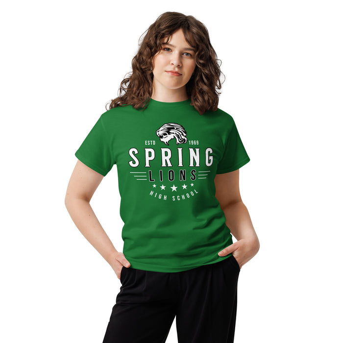 Woman wearing Spring High School Lions Turf Green Classic Unisex T-shirt 217