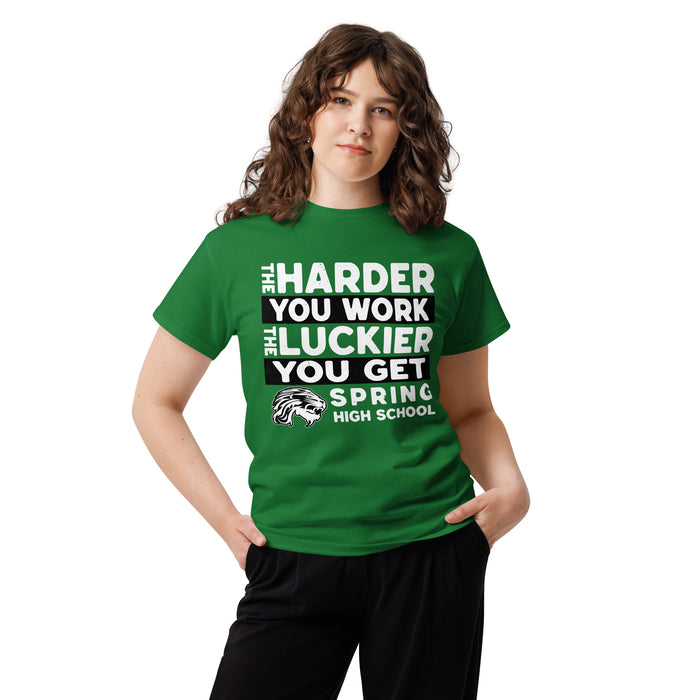 Woman wearing Spring High School Lions Turf Green Classic Unisex T-shirt 238