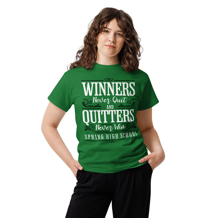 Woman wearing Spring High School Lions Turf Green Classic Unisex T-shirt 237