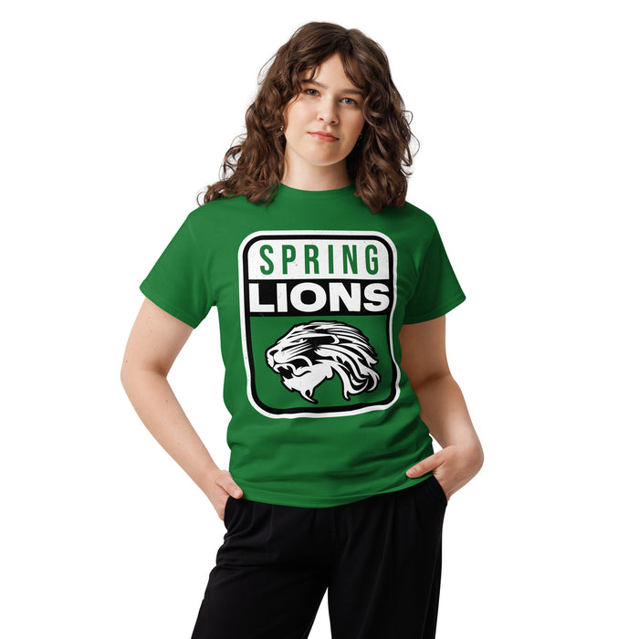 Woman wearing Spring High School Lions Turf Green Classic Unisex T-shirt 001
