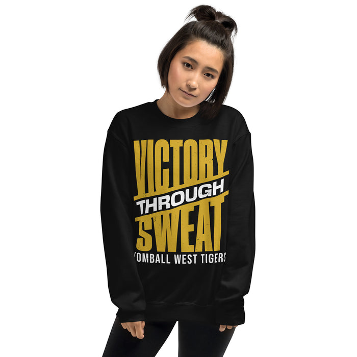 Woman wearing Tomball West High School Tigers Black Classic Unisex Sweatshirt 241