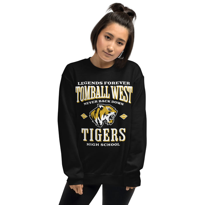 Woman wearing Tomball West High School Tigers Black Classic Unisex Sweatshirt 230