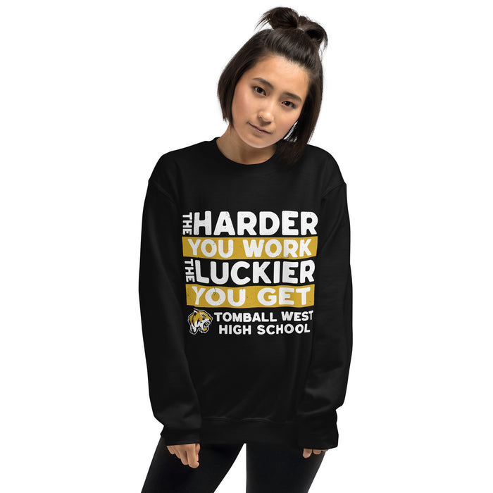 Woman wearing Tomball West High School Tigers Black Classic Unisex Sweatshirt 238