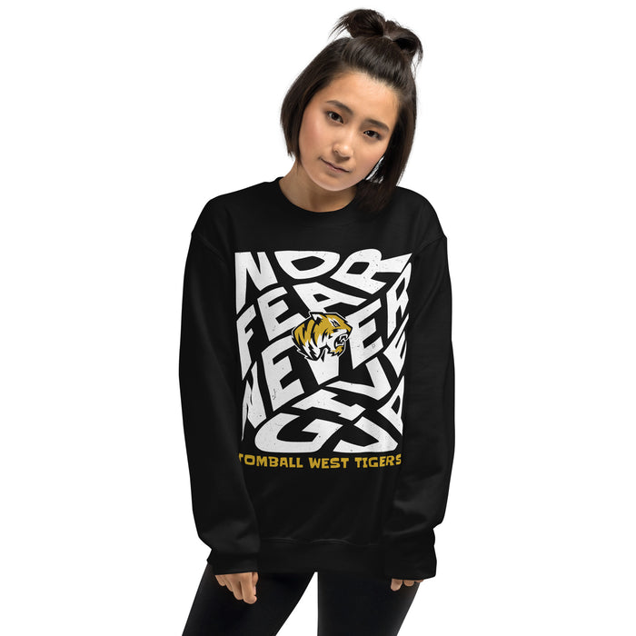 Woman wearing Tomball West High School Tigers Black Classic Unisex Sweatshirt 236