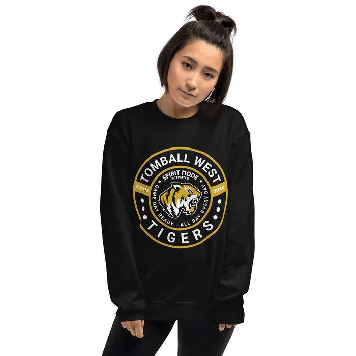 Woman wearing Tomball West High School Tigers Black Classic Unisex Sweatshirt 239
