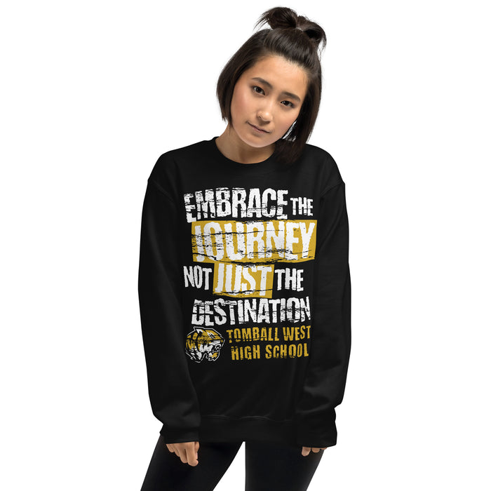 Woman wearing Tomball West High School Tigers Black Classic Unisex Sweatshirt 232