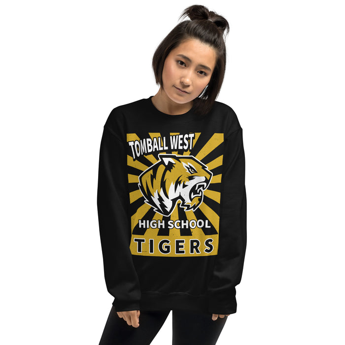 Woman wearing Tomball West High School Tigers Black Classic Unisex Sweatshirt 226
